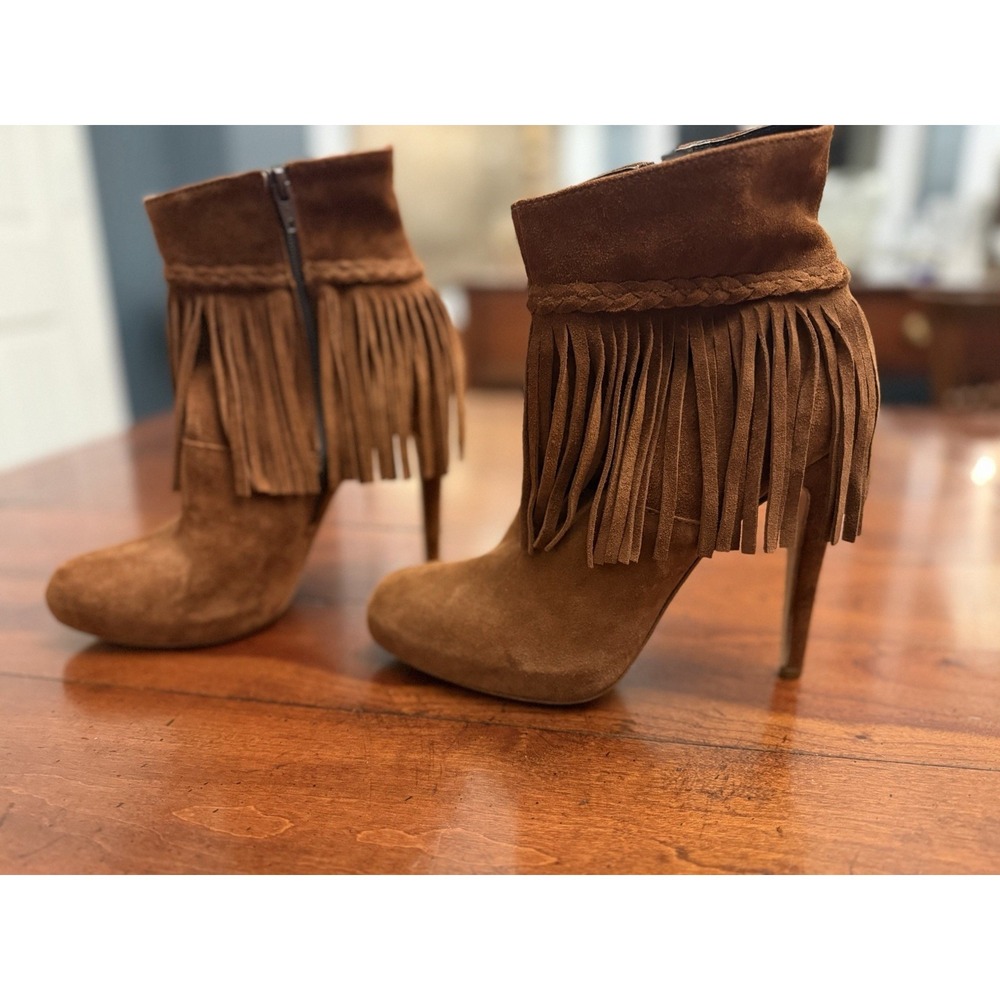 NEW‎ Charles David Isabel Brown Suede Fringe Stiletto Ankle Booties Boots 39 NWT